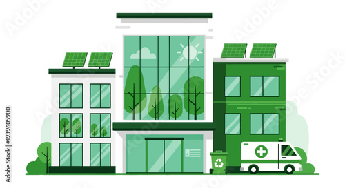 Sustainable Green Hospital Building. Modern Eco-Friendly Healthcare Facility with Solar Panels, Recycling, and Ambulance. Environmental Medical Center.