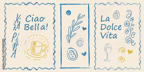 Italian themed doodles with handwritten text and decorative elements