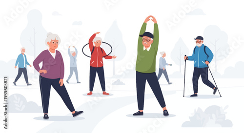Active Seniors Exercising Outdoors: Group of Elderly People Enjoying Physical Activities in a Park, Promoting Healthy Aging and Wellness