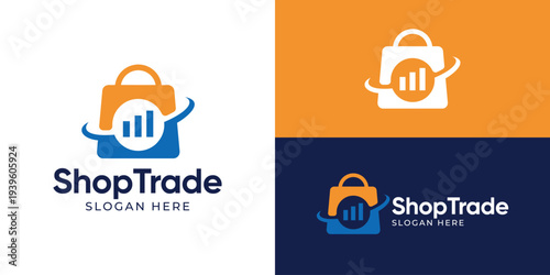 Creative simple shop trade logo template. Shopping bag with chart graph profit logo design vector illustration.