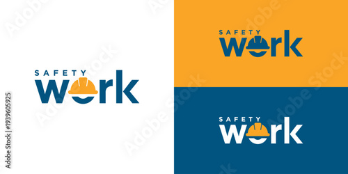 Creative simple safety work logo template. Wordmark work with letter O as hard helmet safety logo design vector illustration.