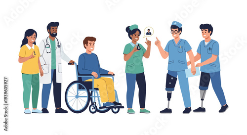 Diverse Healthcare Team Providing Inclusive Support to Patients with Disabilities - Medical Care Vector Illustration