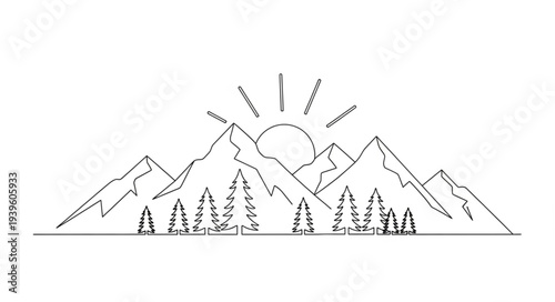 Minimalist Mountain Landscape Line Drawing Illustration.