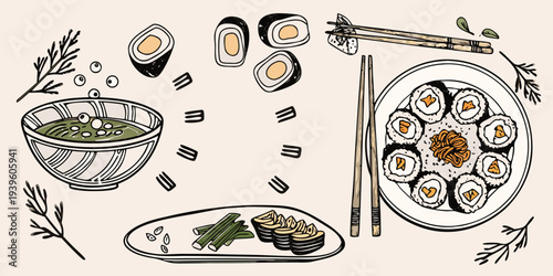 A colorful illustration showcasing various types of japanese sushi cuisine