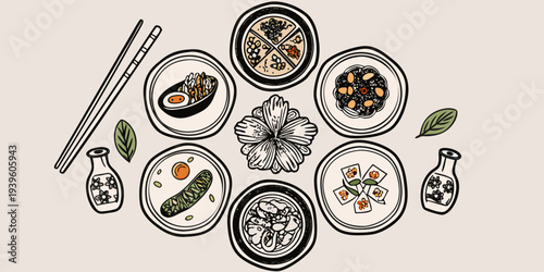 A collection of asian inspired food illustrations with decorative elements