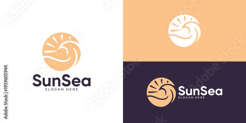 Creative simple sun sea logo template. Wave with sun logo design vector illustration.