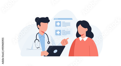Doctor Consulting Patient: Modern Healthcare, Digital Records, and Professional Medical Consultation. Telemedicine, Diagnosis, and Patient Care Illustration.