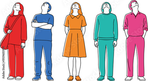 Minimalist Illustration of a Diverse Group of People in Colorful Outfits Standing Together and Looking Up at the Sky with Curiosity and Wonder