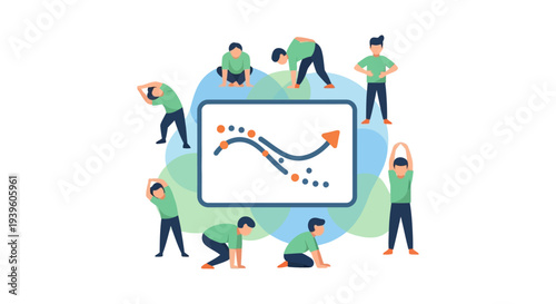Fitness Progress & Health Metrics Vector Illustration: Men Stretching and Exercising Around a Performance Growth Chart