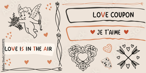 A whimsical illustration featuring cupid and love themed doodles