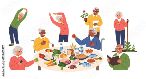 Healthy Active Senior Lifestyle: Elderly People Exercising, Gardening, Reading & Eating Nutritious Food for Well-being
