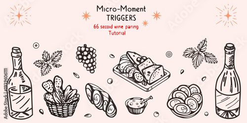 A hand drawn illustration featuring wine cheese bread and fruit pairings