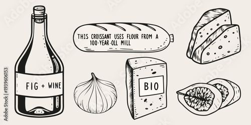 A sketch of food items including wine bread cheese and figs