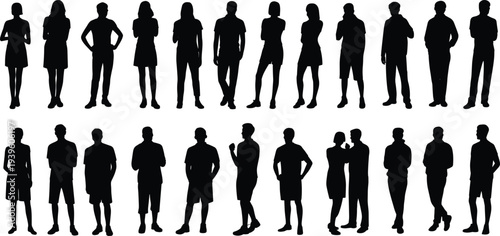 People silhouette set vector illustration, diverse standing men women figures, casual poses collection, black isolated crowd shapes bundle