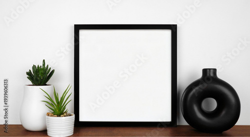 Modern home decor with blank frame and plants on wooden shelf