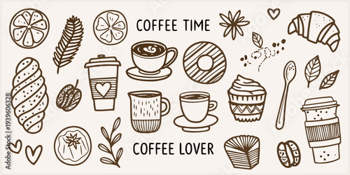 A charming collection of coffee pastries and botanical illustrations