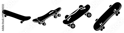 Set of four black skateboards in mid-air jump trick vector illustration flat design isolated on white background