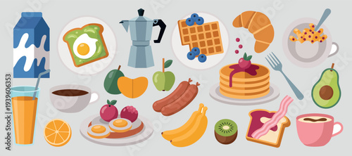 Assorted Breakfast Food Items and Drinks on Gray Background Flat Design Style