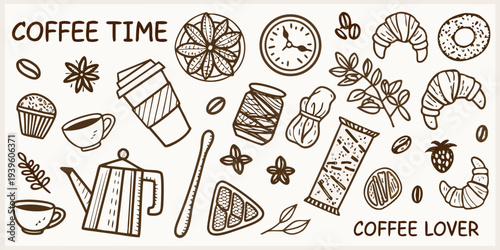 A collection of hand drawn coffee pastry and botanical illustrations