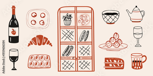A collection of hand drawn food and drink illustrations in warm tones