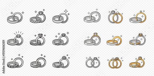 Set of wedding rings and engagement rings with diamonds, vector illustration in doodle style.