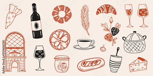 Stylized illustration depicting various food items and kitchen elements