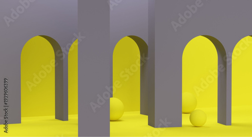 Modern architectural arches in bright yellow and gray background