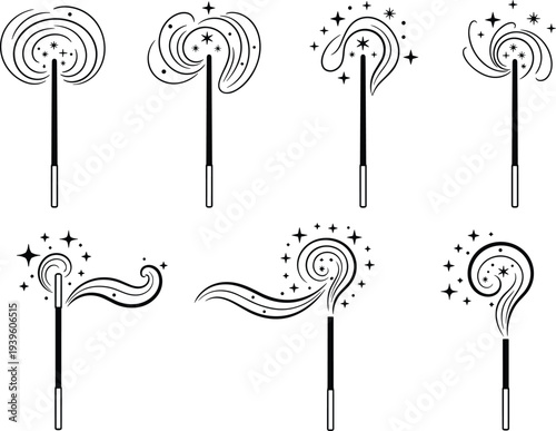 Minimalist Magic Wand Vector Set Featuring Sparkle Stars and Celestial Elements for AI Interface Design Magical Branding Wizard Icons and Modern Mystical Graphic Illustrations