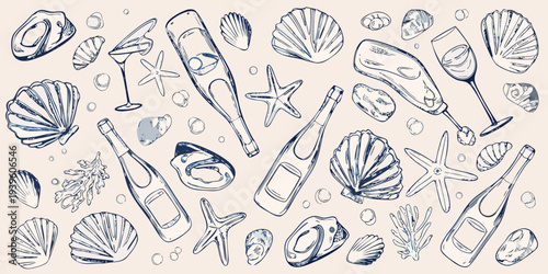 A whimsical sketch of seashells starfish and celebratory drinkware