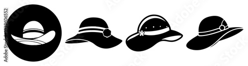 Black and white hats collection flat design vector illustration set isolated on white background
