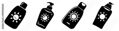 Four black spray bottles with blue liquid and spray mist vector illustration flat design