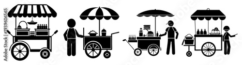 Street food carts with vendors serving customers vector illustration flat design isolated on white background