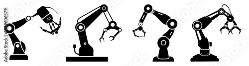 Industrial robotic arms set in flat design vector illustration for automation and technology concepts
