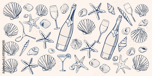 A collection of sketched seashells starfish and celebratory champagne bottles