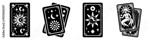 Four tarot cards with zodiac signs and celestial symbols vector illustration flat design