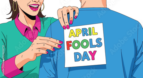 April Fools Day pop art woman sticking prank paper on man back