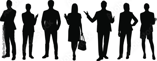 Business people silhouette vector illustration, professional corporate team standing poses, office workers isolated black figures, leadership staff collection