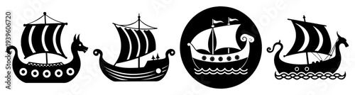 Viking ships sailing on waves ocean adventure exploration flat design vector illustration
