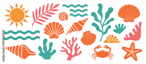 Ocean Sea Life Elements Collection Sun Waves Shells Coral Crab Starfish Stock