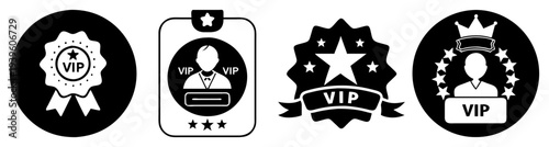 VIP badge and seal vector illustration, exclusive membership flat design, luxury emblem with crown and star, scalable premium icon set