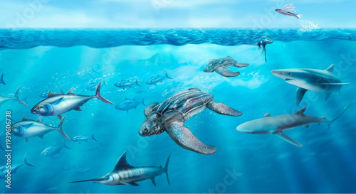 Vibrant ocean scene with sea turtle and diverse marine life swimming together