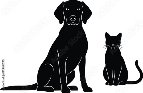 Dog and cat silhouette vector illustration, sitting pet animals set, black isolated domestic companions, simple outline icon design
