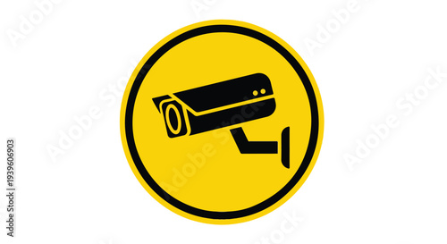 A yellow circular icon with a black outline and a security camera graphic inside.