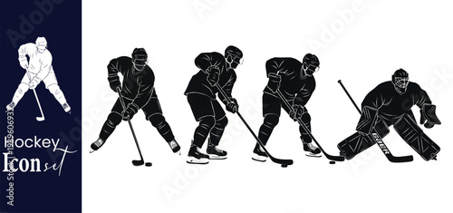 Ice Hockey Player Silhouette Set with Goalkeeper and Action Poses