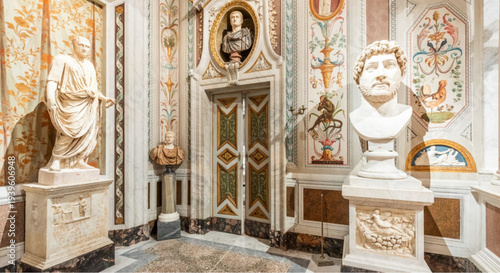 Classical statues in ornate museum gallery with intricate wall designs
