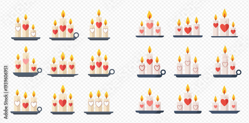 Set of burning candles with heart decorations on saucers, vector illustration for romance and celebration.