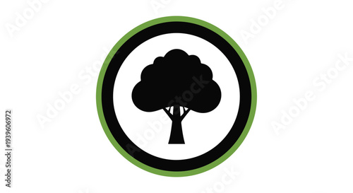 A black silhouette of a tree enclosed in a circle with a green outline on a white background.
