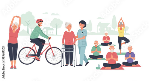 Healthy Active Seniors: Diverse elderly people enjoying exercise, yoga, cycling, and supportive care for wellbeing.