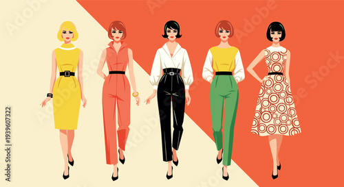 Retro fashion women walking vector illustration stylish vintage female models wearing colorful outfits runway style characters