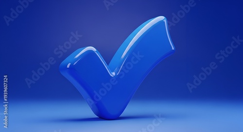 Glossy blue check mark symbol against solid blue backdrop for graphic element use